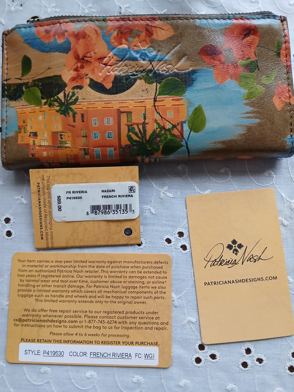 Patricia Nash French Rivera Coastal Print Wallet with Brown Leather Snap - Picture 5 of 5